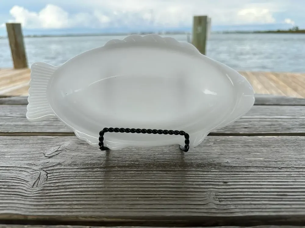 Vintage Milk Glass Fish by Glasbake McKee, 9 inch Fish Shape Baker, Seafood Dish
